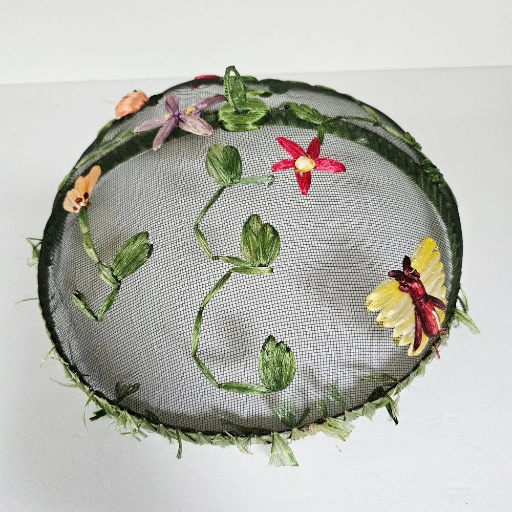 Vtg Mesh Food Cover Embroidered Raffia Ladybug Butterfly Floral Cottagecore